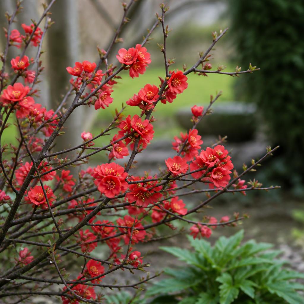 Rosenkvitten (Chaenomeles japonica / C. speciosa) i etablerad trädgård
